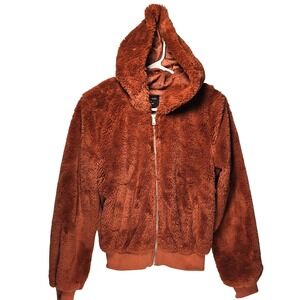 Love Tree Rust Brown Faux Fur Zip Up Hoodie Jacket Medium Plush Cozy Teddy Warm